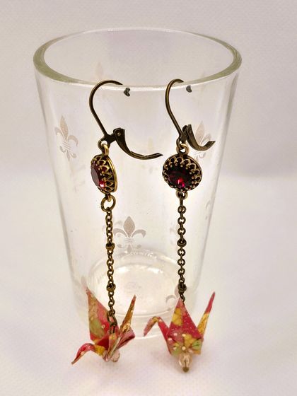 Origami Crane Earrings - Long Dangle Gold Red